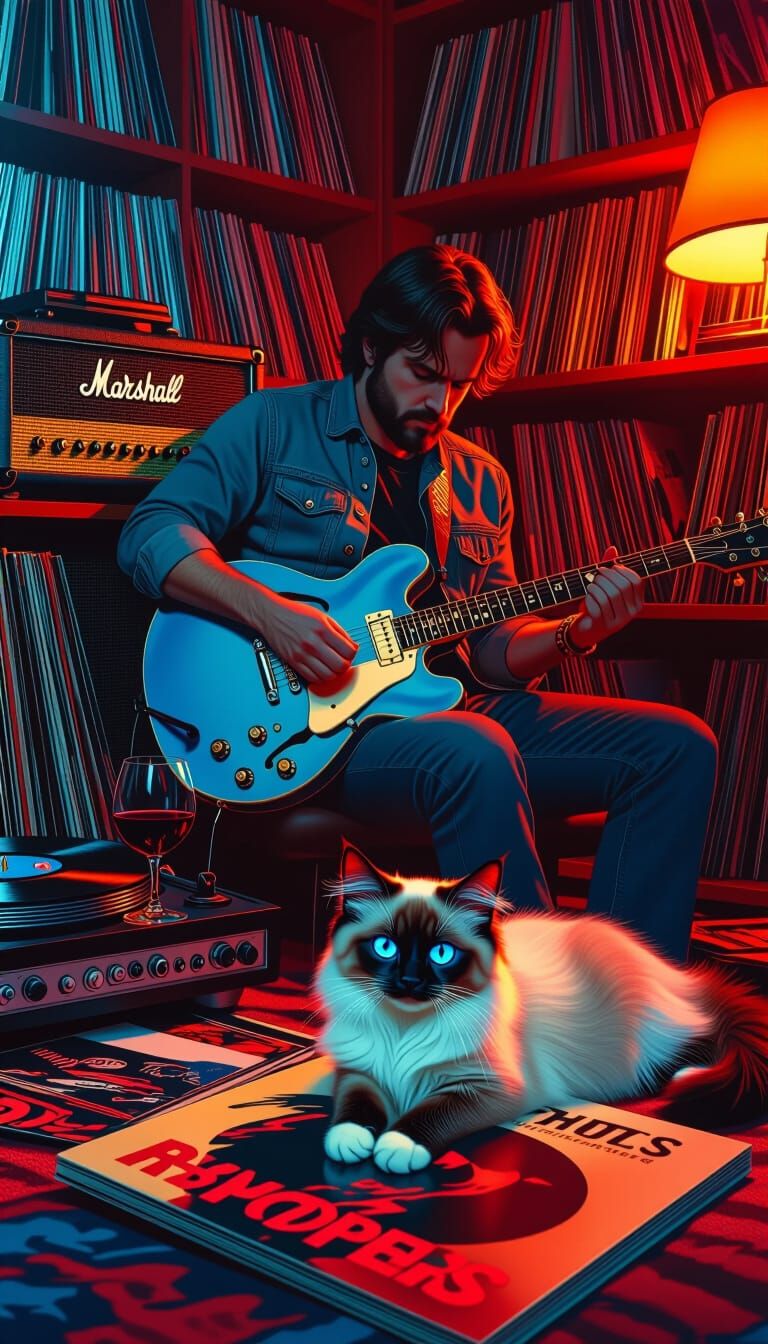 Hyperrealistic Guitarist Surrounded by Vinyl Records
