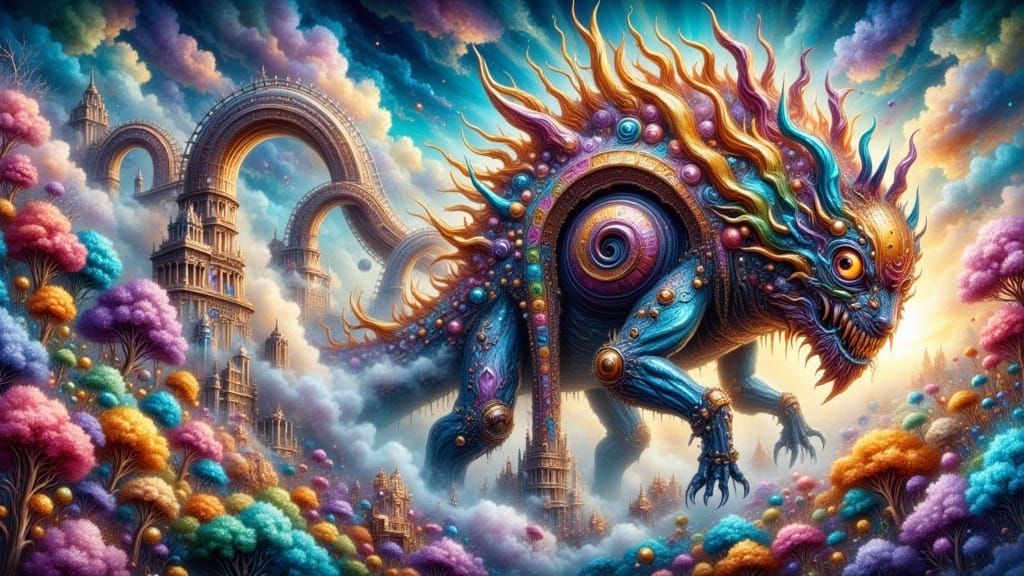 Gargantuan Mechanical Monster in Vibrant Candyland Dreamscap...