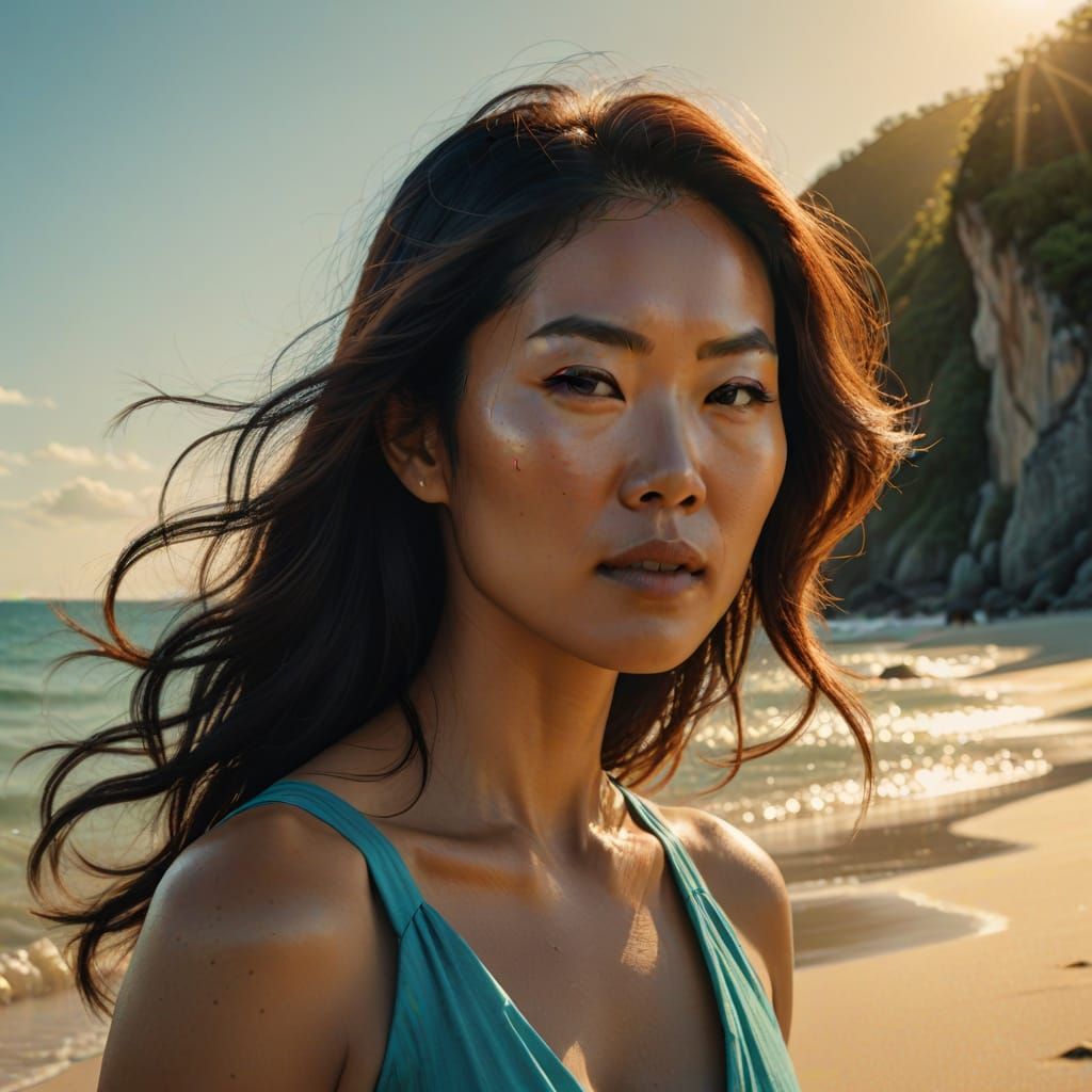 Exotic Beach Goddess in Hyper-Realistic Digital Art