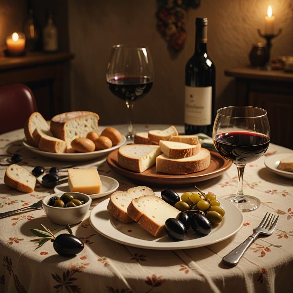 Warm Still Life with Bread, Cheese, and Wine