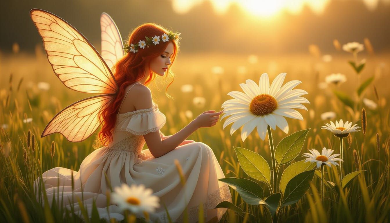 Summer Fairy with Red Hair Smelling a Daisy