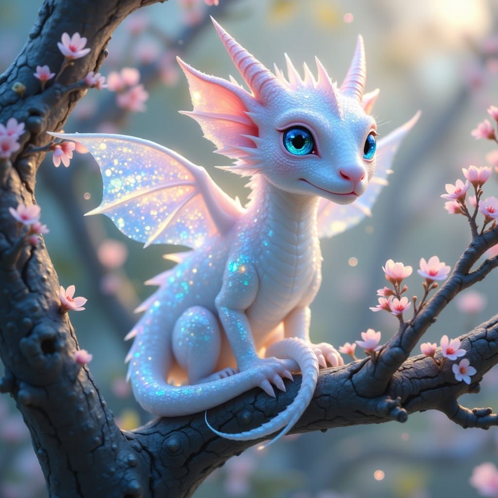 Ethereal White Dragon with Cherry Blossoms