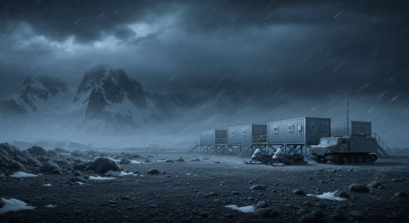 Antarctic Blizzard at Night: Research Station & Vehicles