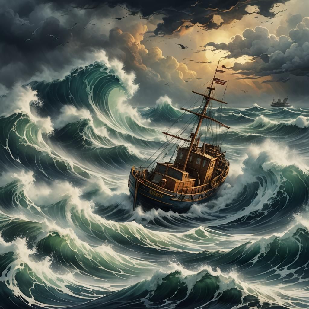 Stormy Sea Watercolor Painting of Boat on Angry Waves