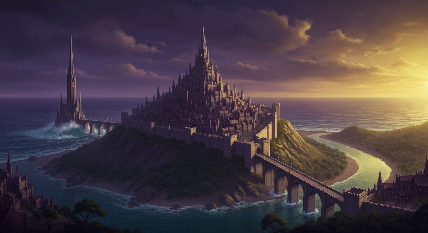 Mystical City on Hill with Towering Spire