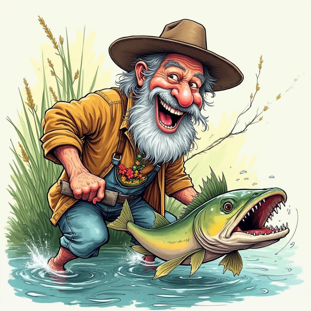 Humorous Caricature of Hippie Fishing