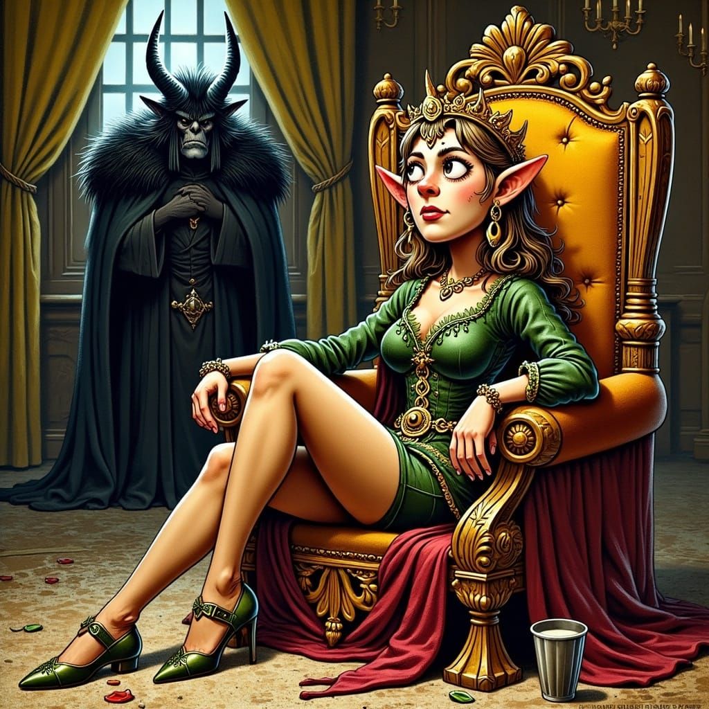 Elf on Grotesque Throne in Cartoonish Medieval Style