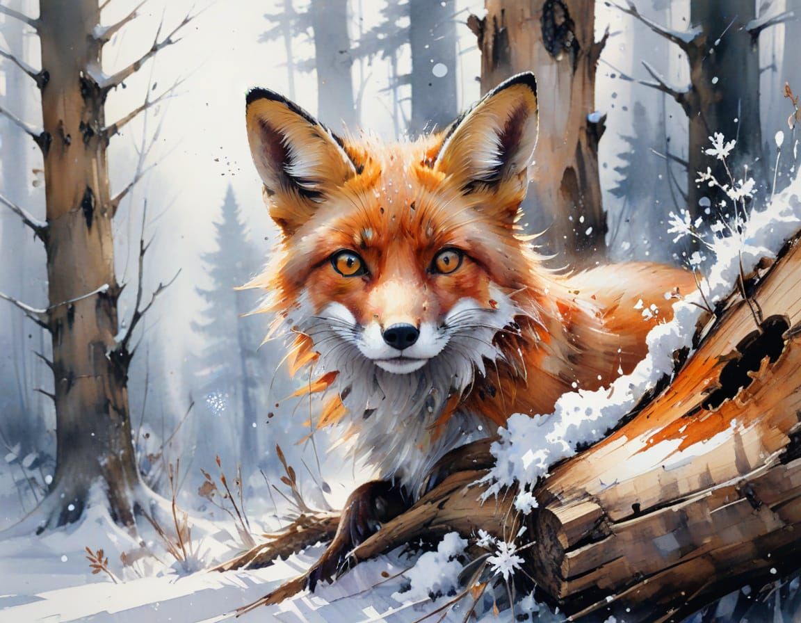 Fox in Snowy Log, Expressive Watercolour Art