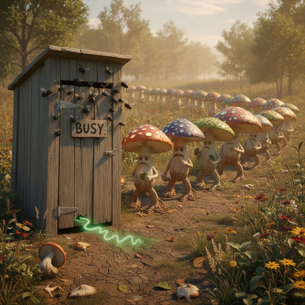Annoyed Mushrooms Queue for Outhouse in Summer