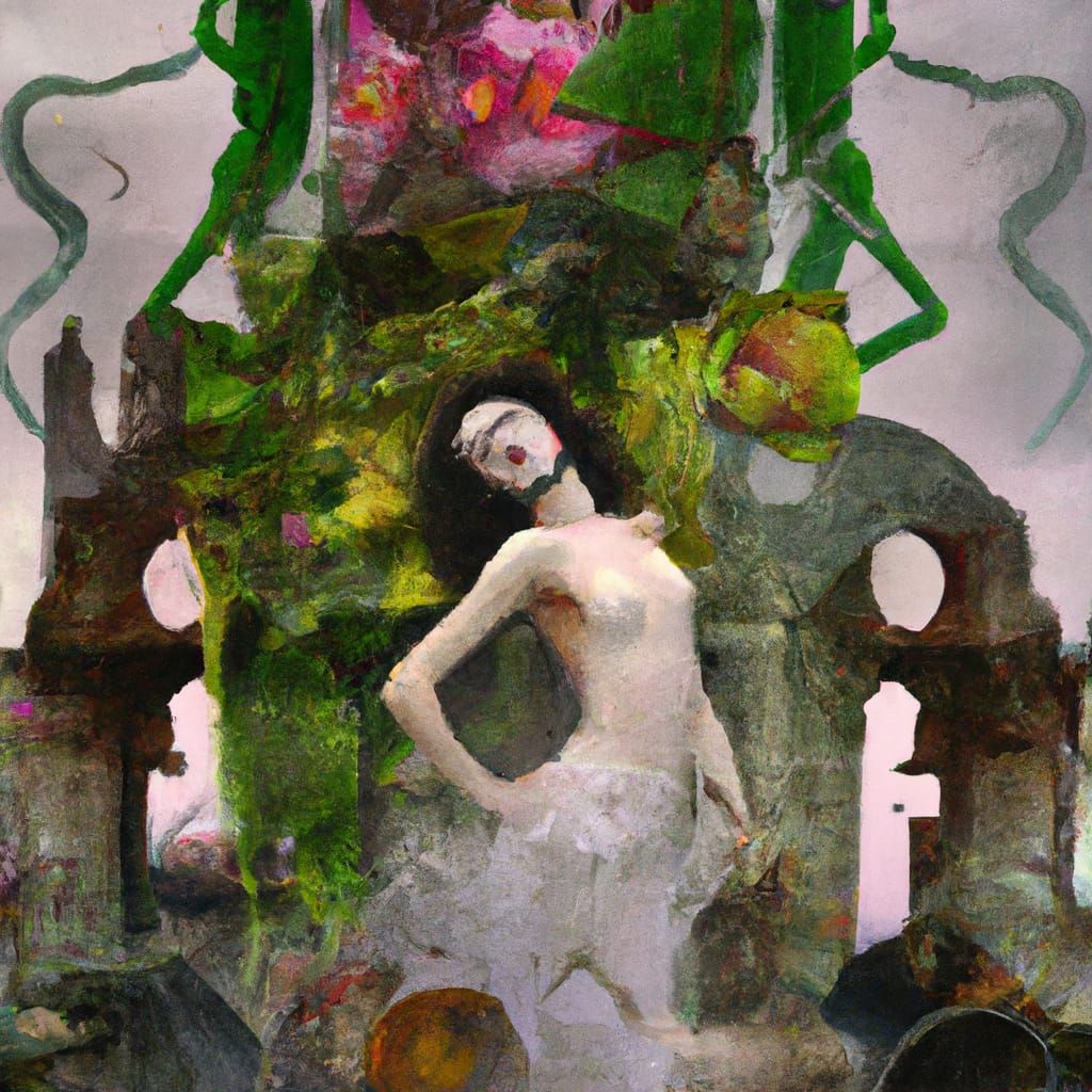 Surreal Overgrown City with Maiden, in Surrealist Style