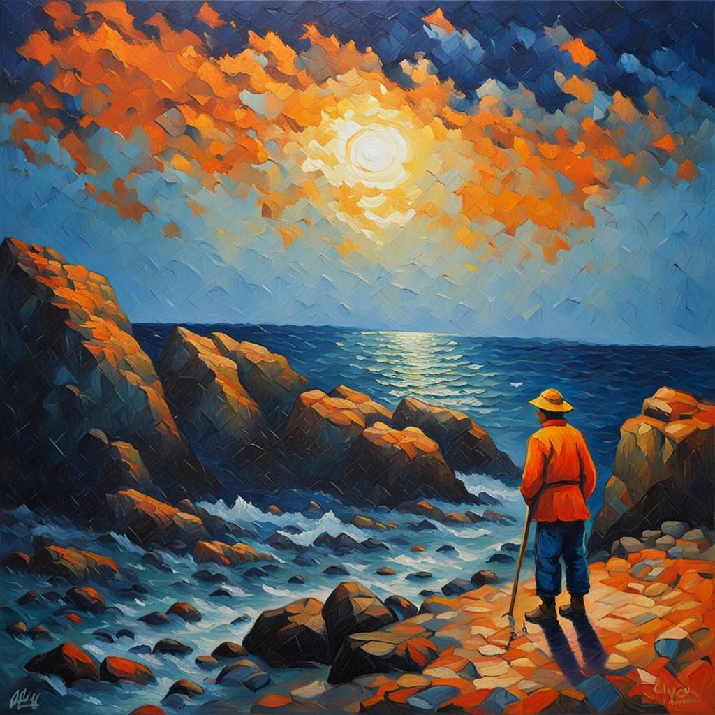 Fisherman at Sunset: Neo-Impressionist Expressionist Oil Pai...