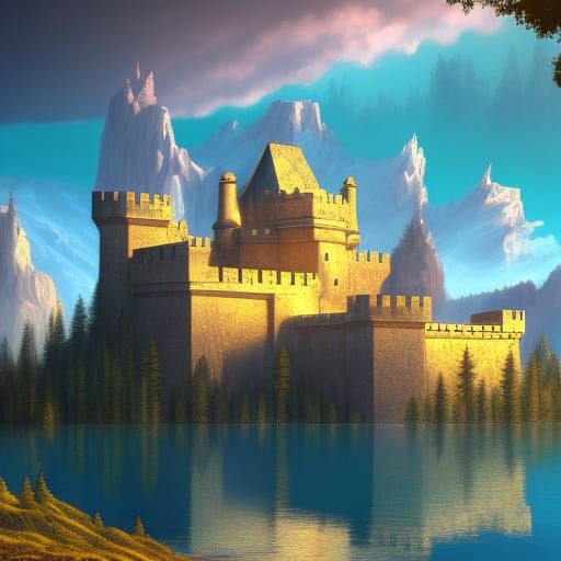 Gothic Castle Overlooking Turquoise Lake, Dark Fantasy Art