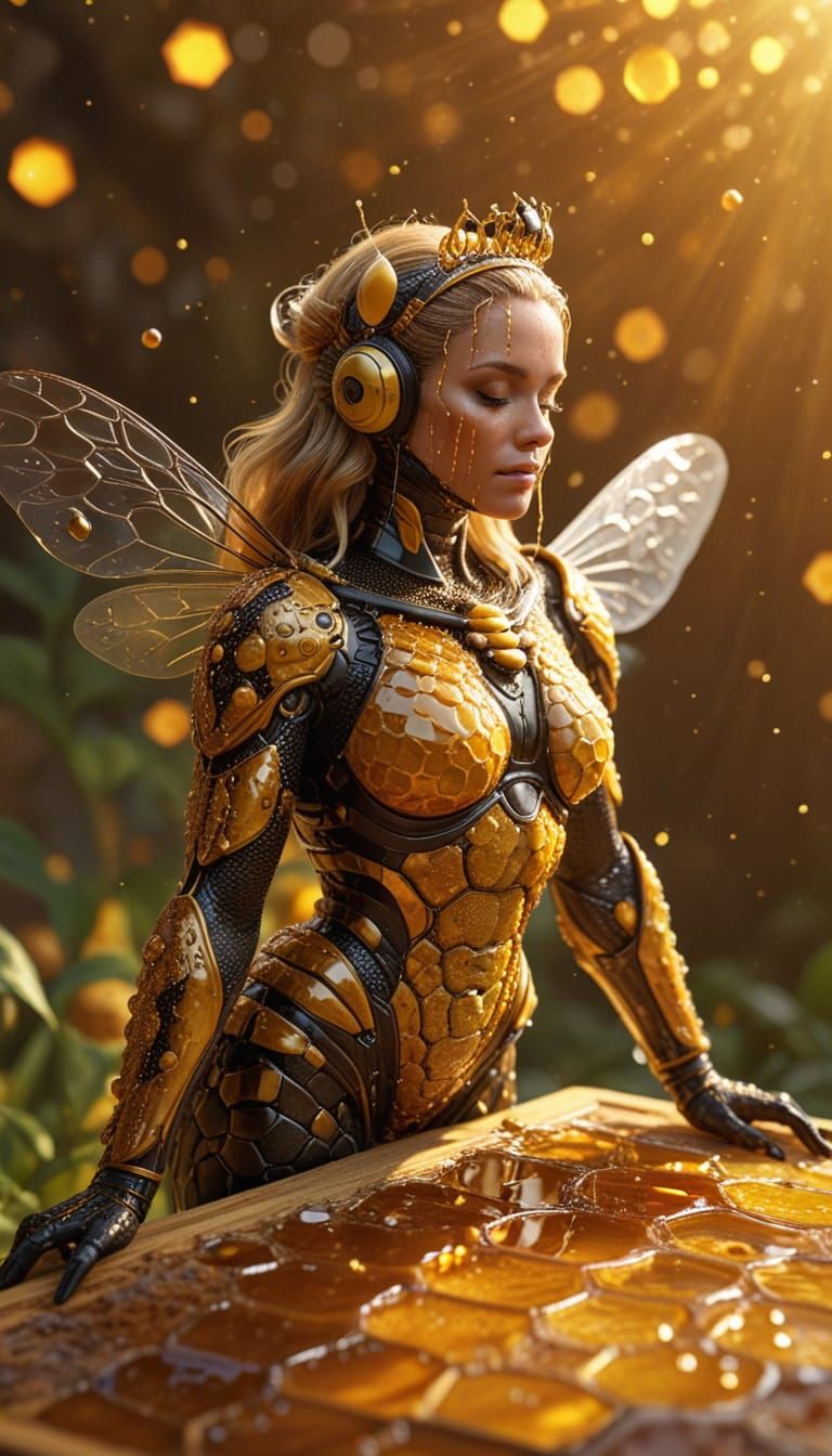Majestic Queen Bee Reigns in Golden Honeycomb Realism