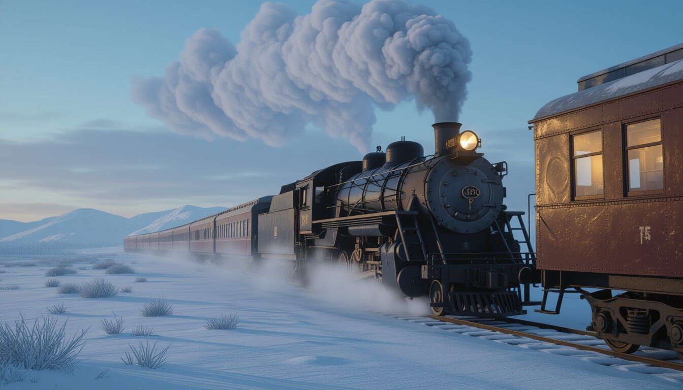 Vintage Steam Train Crossing Snowy Tundra