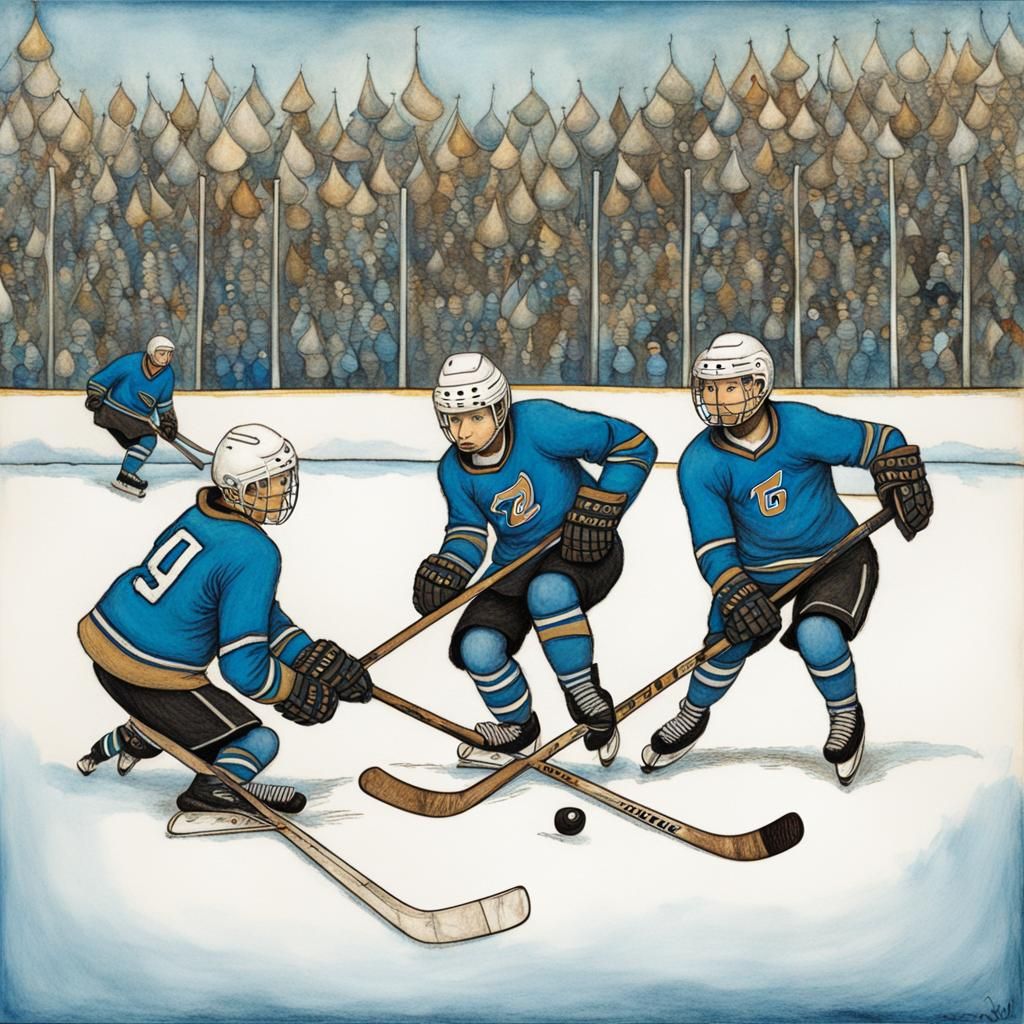 Blue-footed boobies playing ice hockey