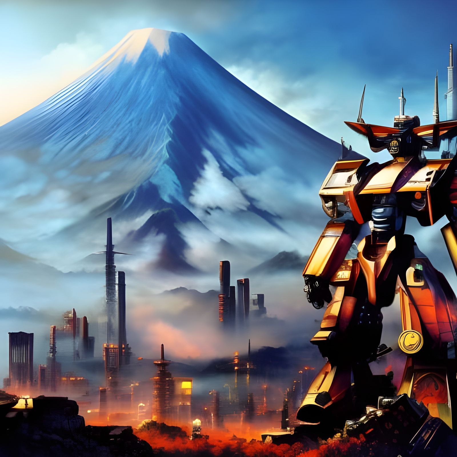 Steampunk Mecha over Mount Fuji: Detailed Concept Art