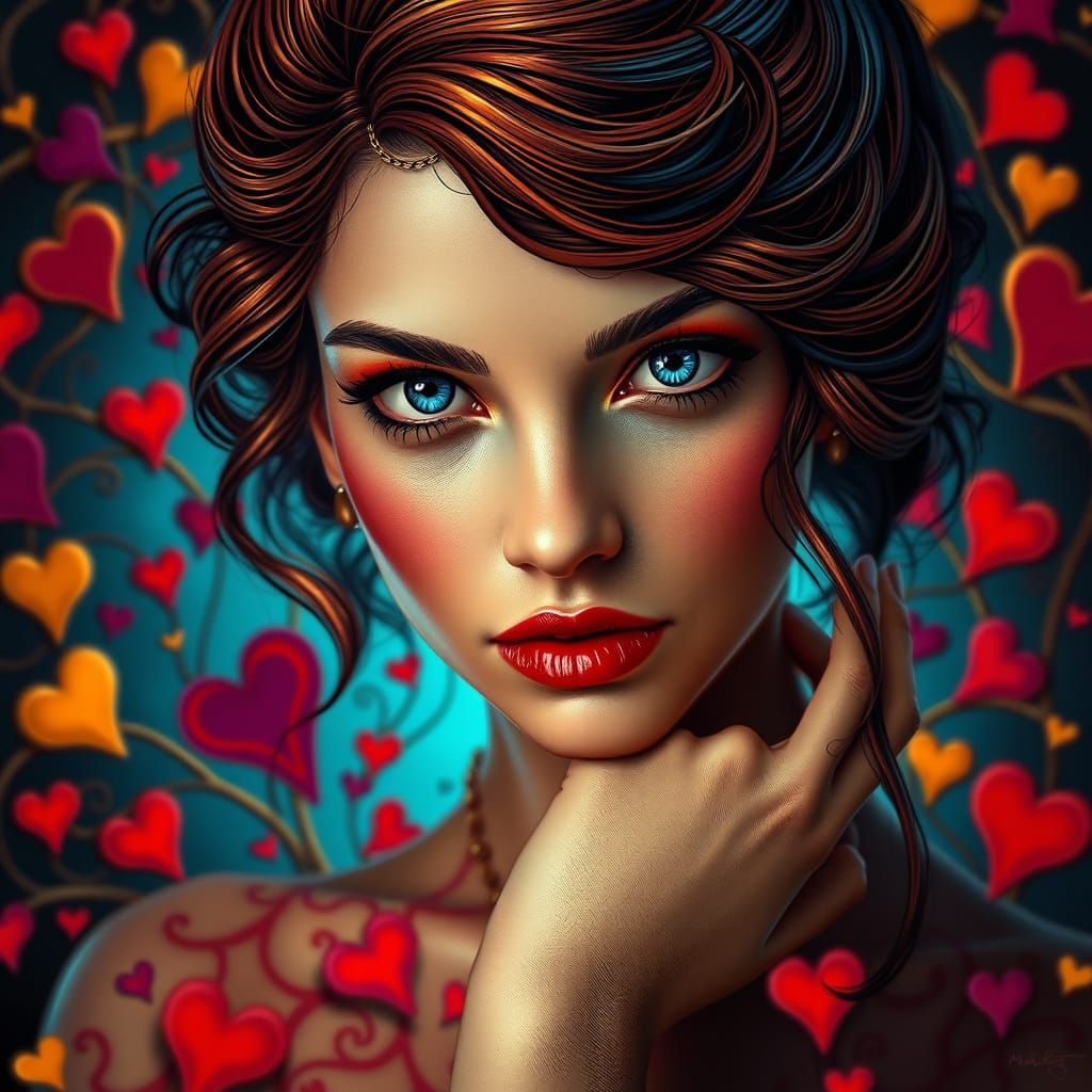 Hyperrealistic Pin-Up Woman with Swirling Hearts
