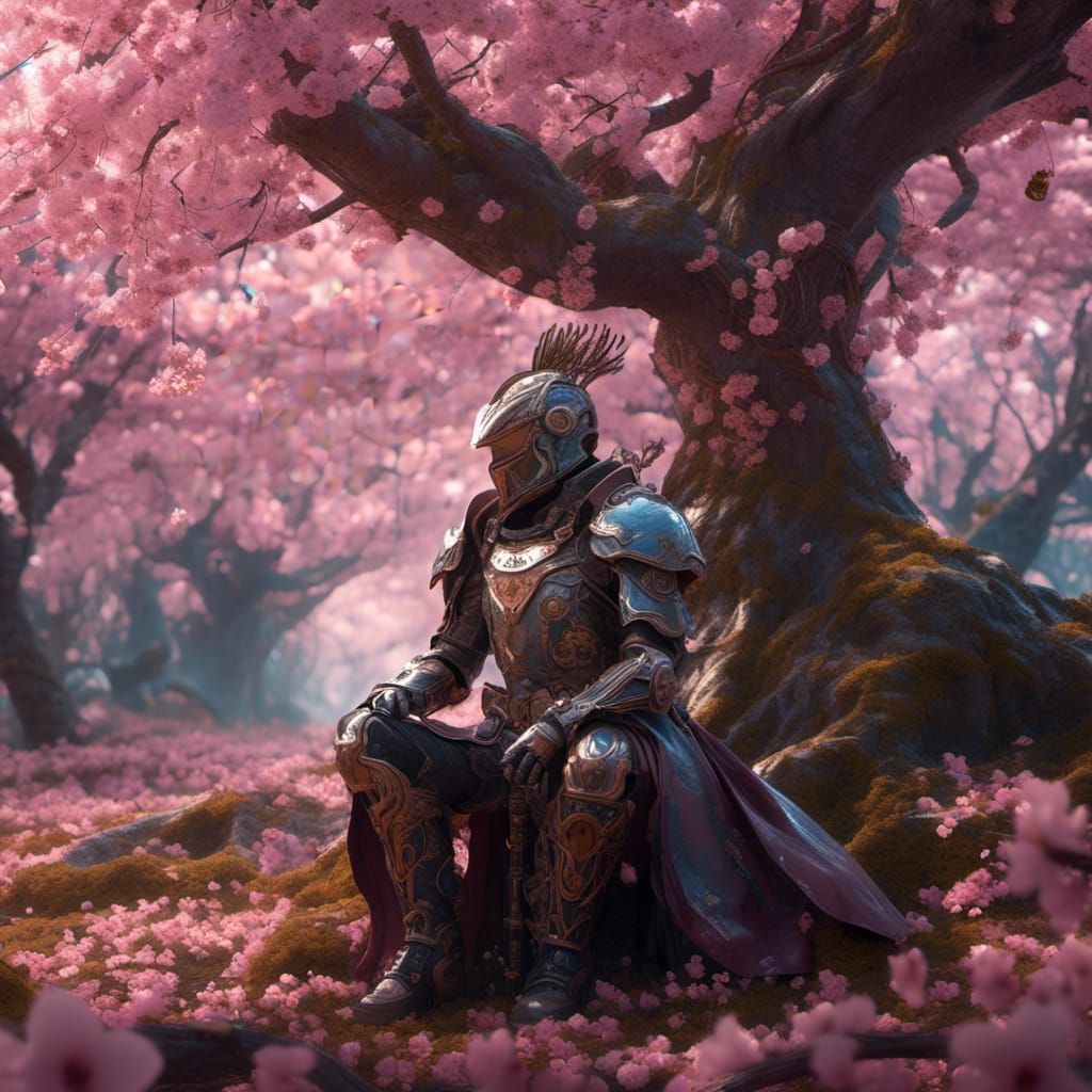 Steampunk Knight Kneeling in Cherry Blossom Grove