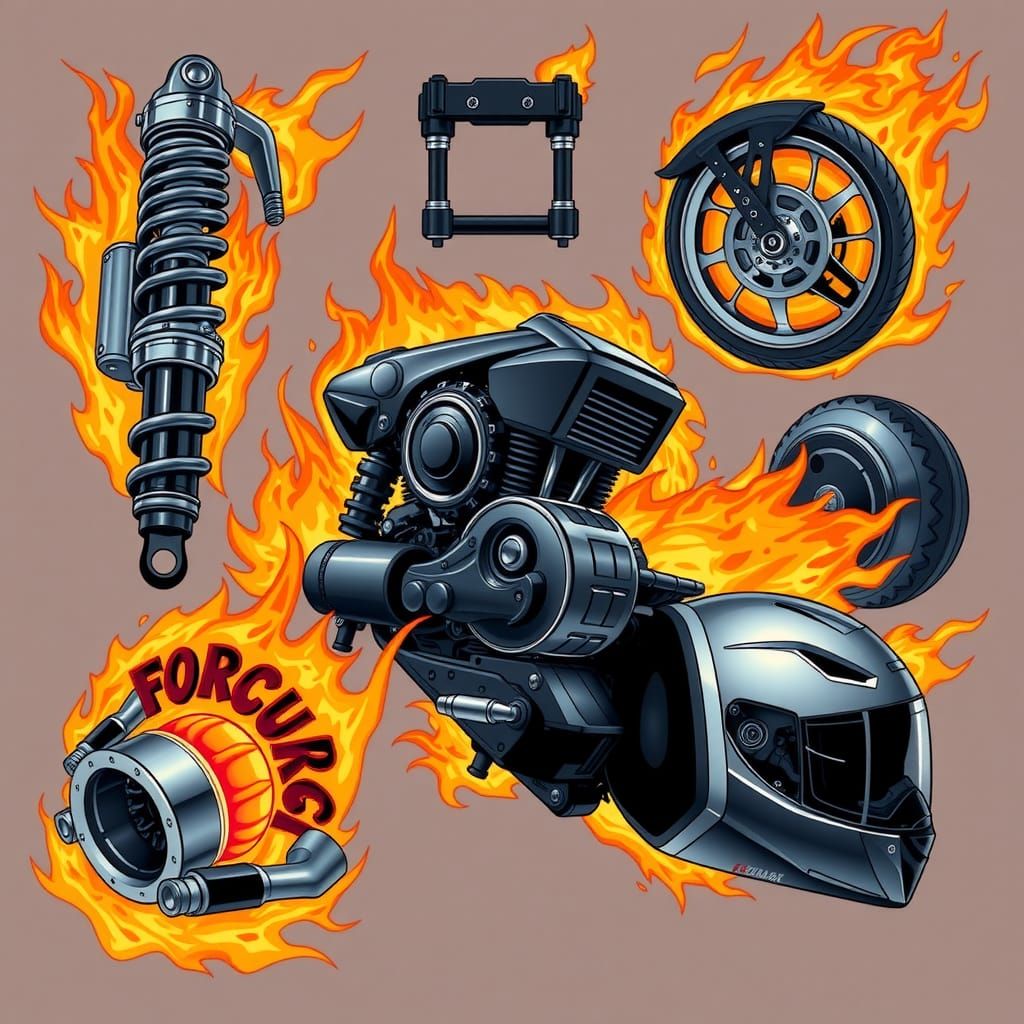 Dynamic Motorcycle Parts with Fiery Comic Art