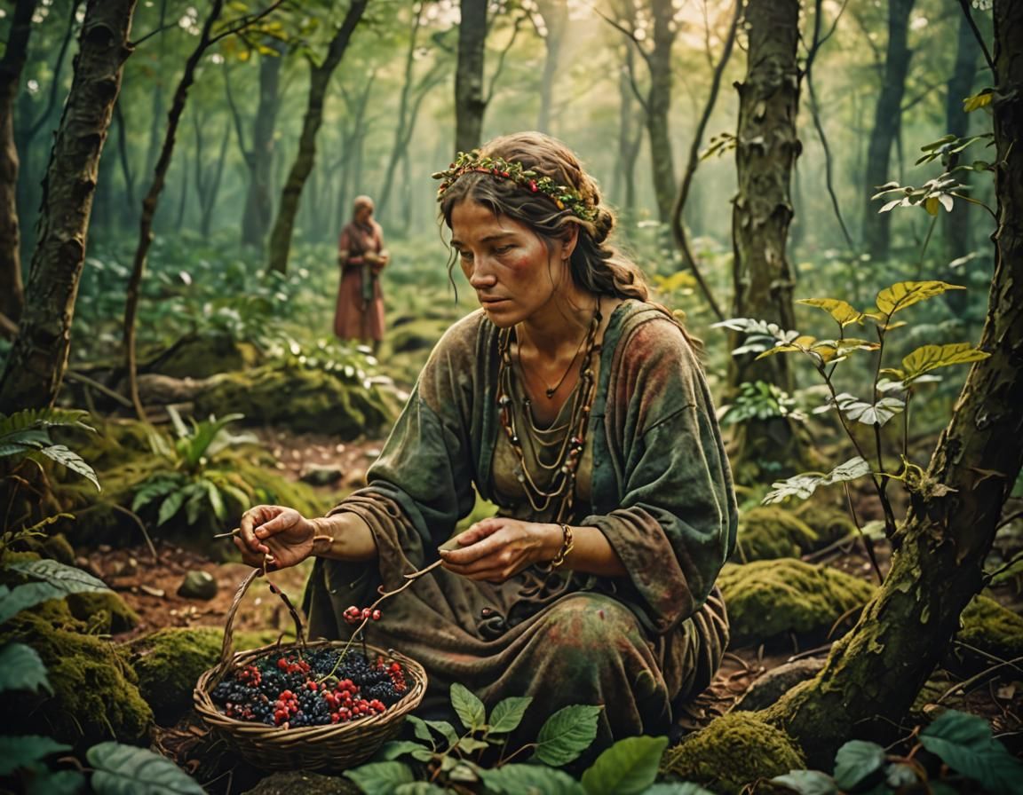 Neolithic Woman Foraging in Forest: Dye-Transfer Print