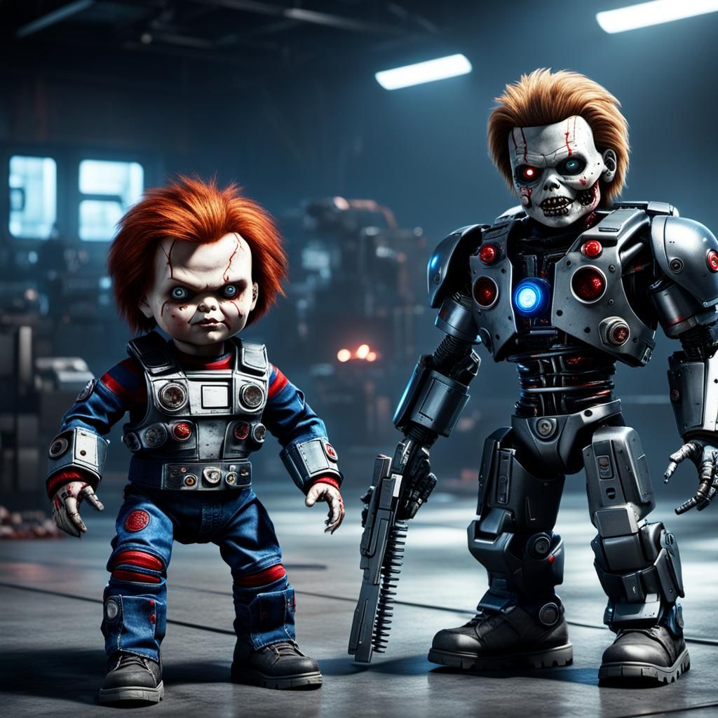 chucky terminator with  and cyborg implantat, scifi backgrou...