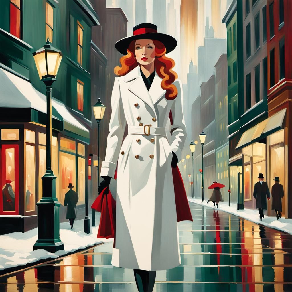 Glamorous Art Deco Woman Strolls Through 1940s Christmas Cit...