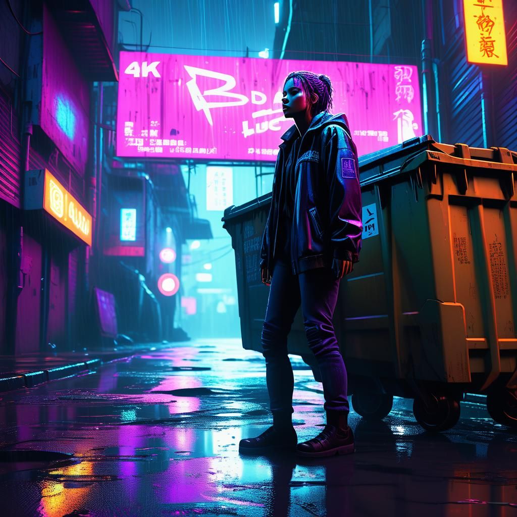Cyberpunk Woman Hiding in Rainy Neon Alley