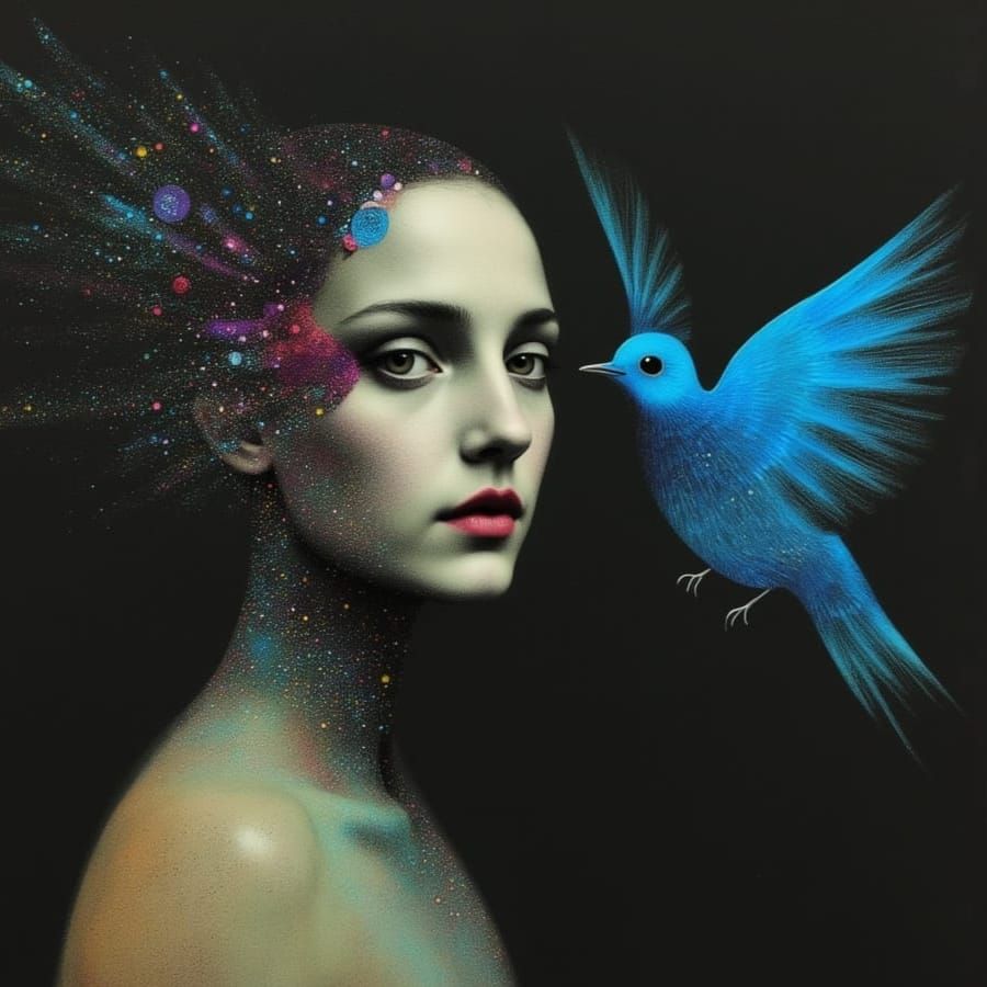 Shimmering Woman With Bluebird of Happiness