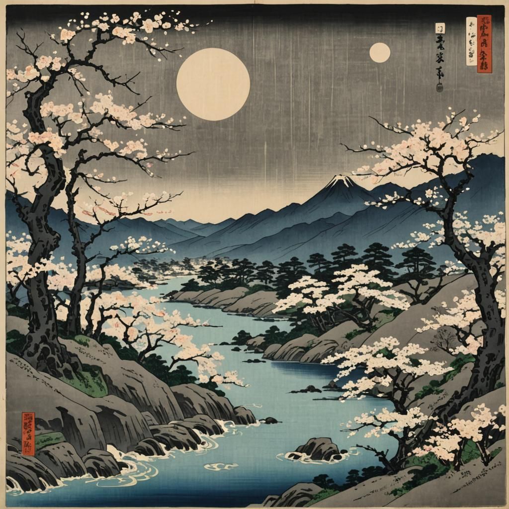 Ukiyo-e River Landscape with Sakura Trees