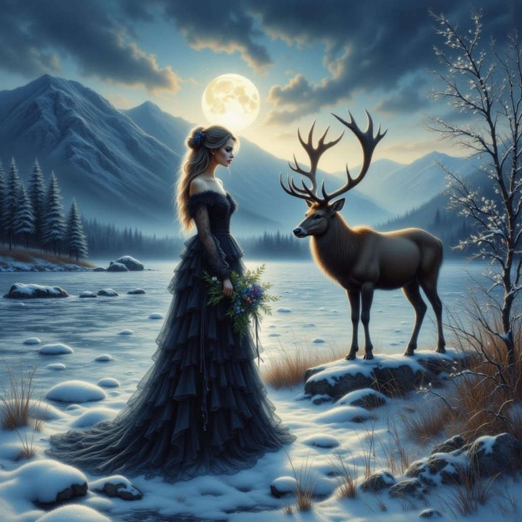 Couple by Frozen Loch Under Full Moon