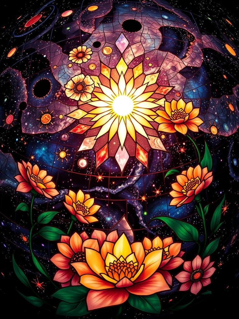Galactic Stained Glass Cosmos in Art Nouveau Style