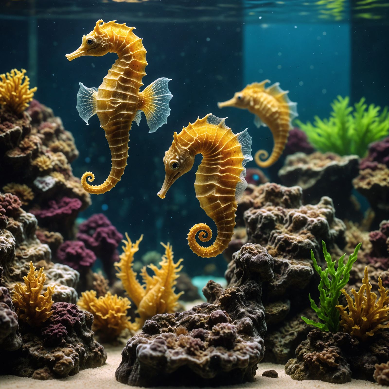 Hyperrealistic Aquarium Scene with Majestic Seahorses
