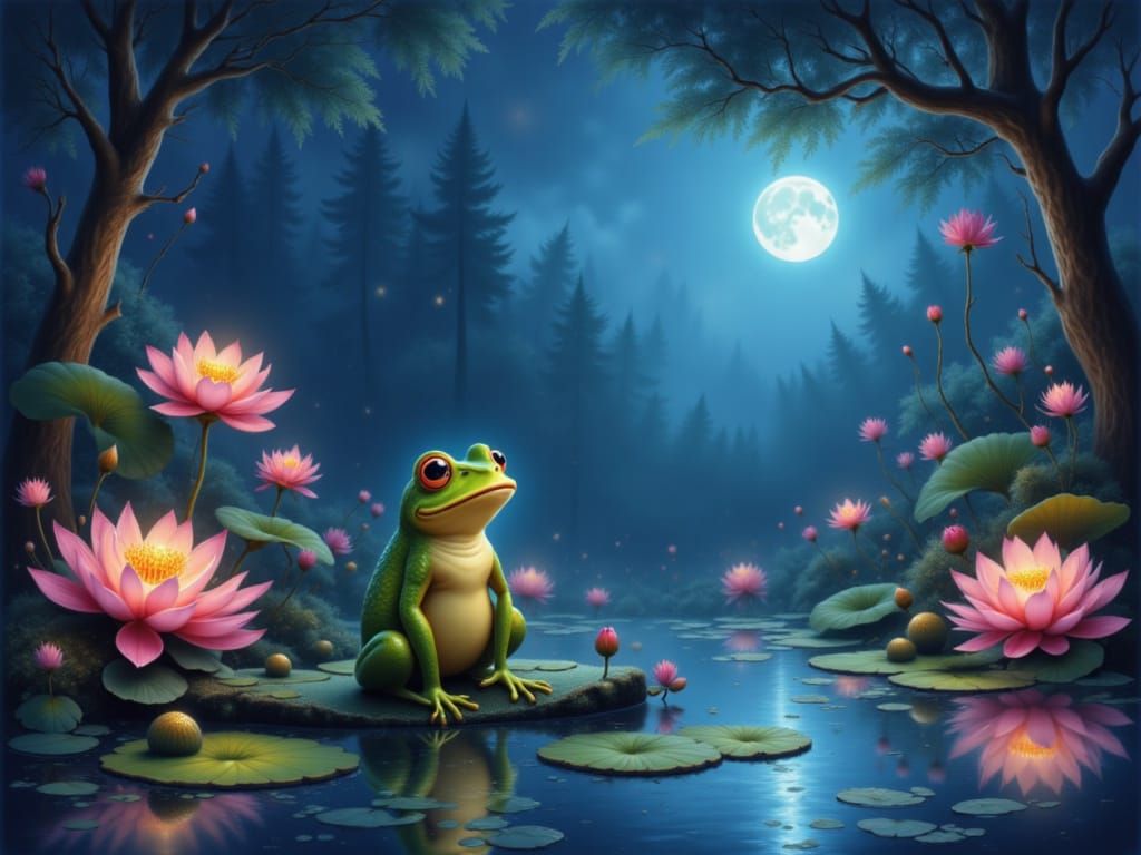 Adorable Chibi Frog on Lilypad Under Moonlight
