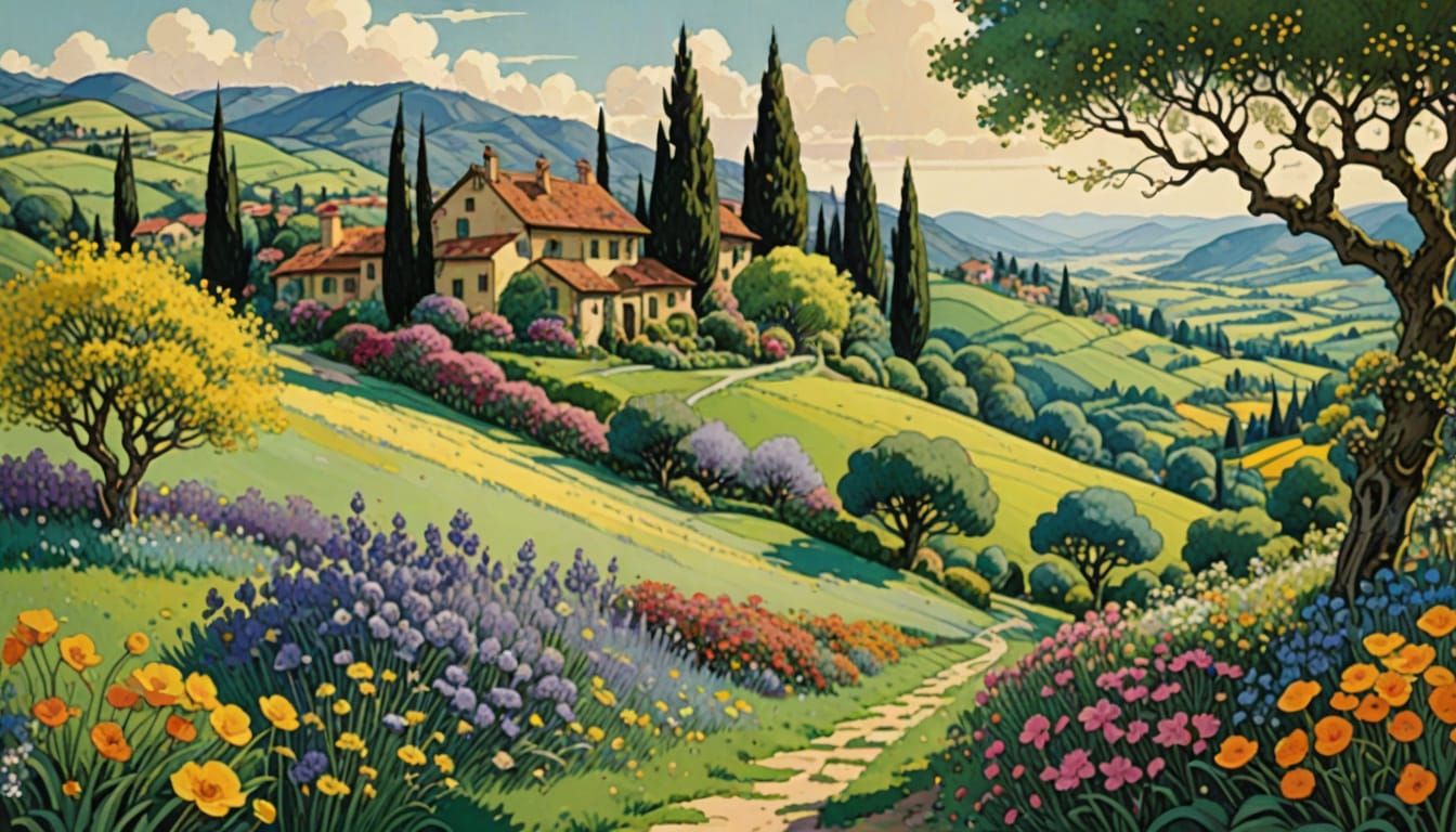 Tuscan Spring Landscape in Golden Age Illustration Style