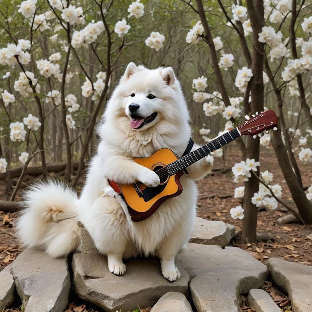 Samoyed Dog Plays Guitar