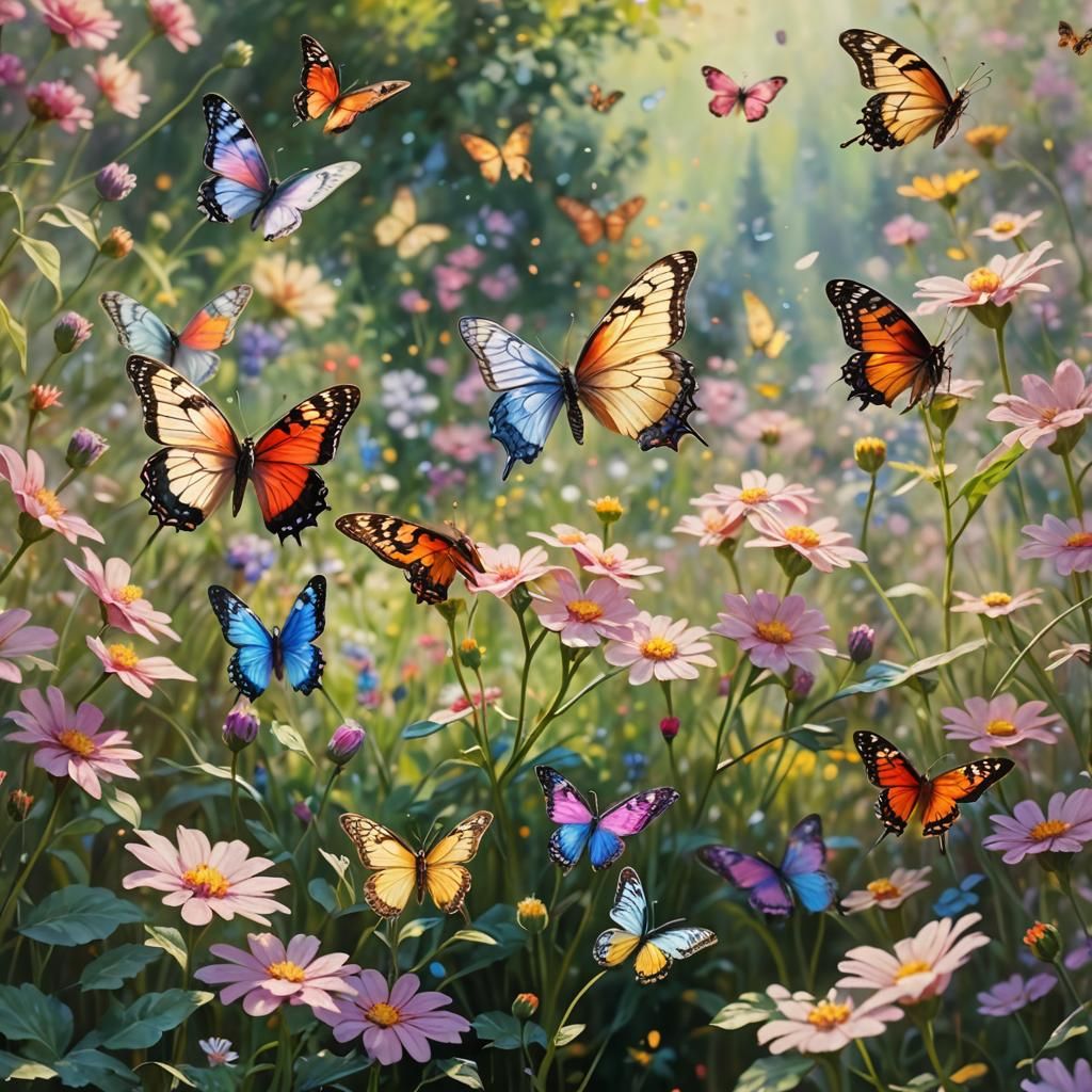 Impressionistic Butterflies in a Flower Garden