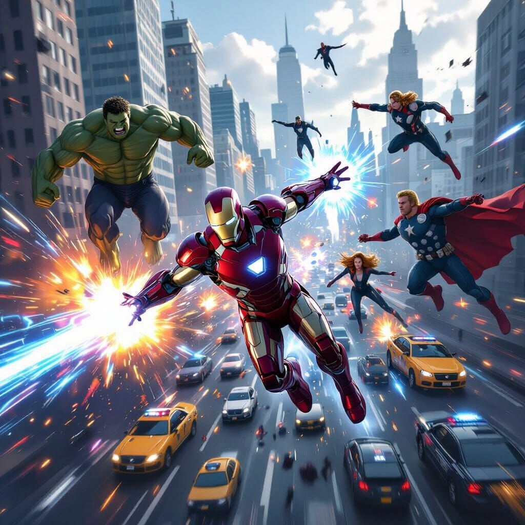 Iron Man in Aerial Combat Over Destroyed City