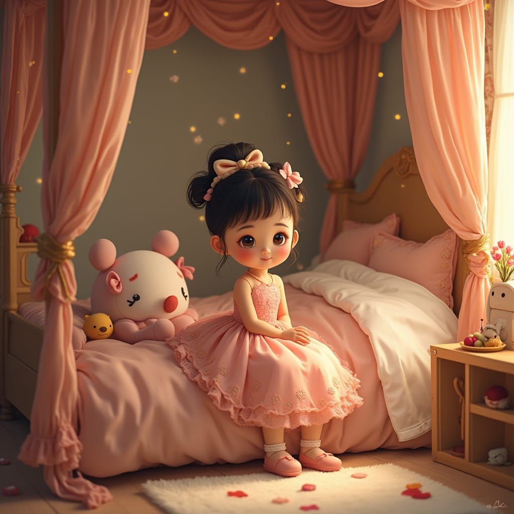 Whimsical Bedroom Scene with Chinese Girl and Toys
