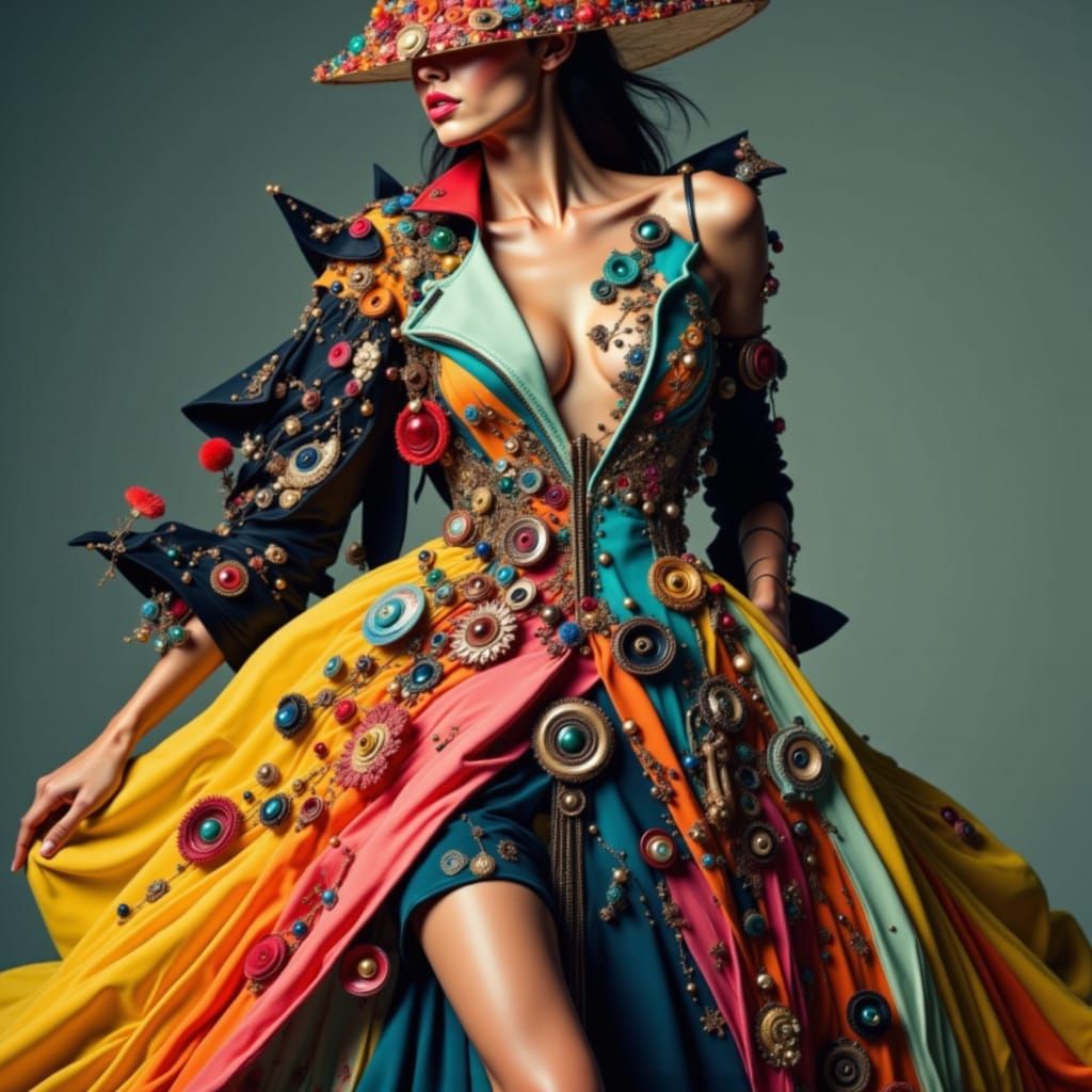 Avant-Garde Fashion Model in Abstract Haute Couture Gown