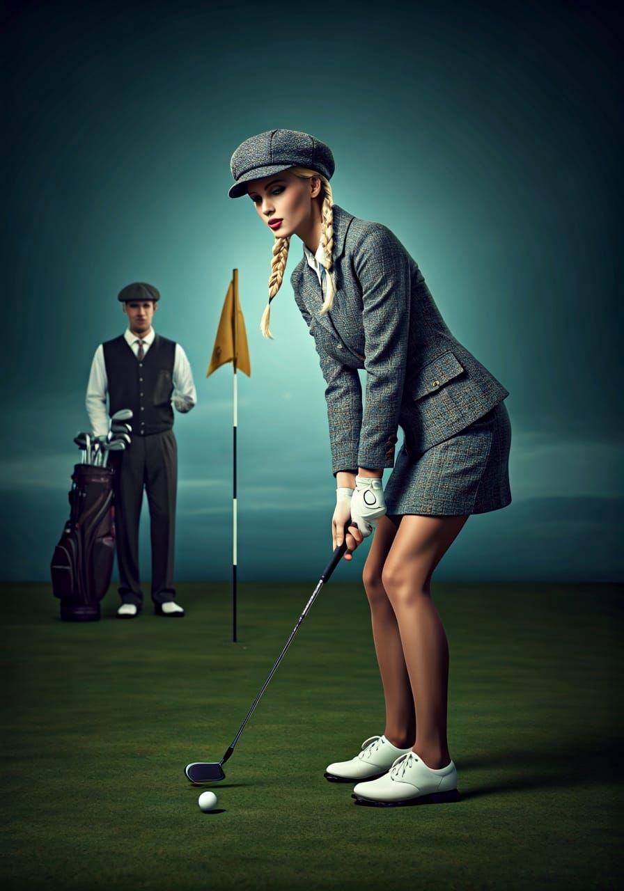 Woman Golfer in Magritte-Giacometti Style