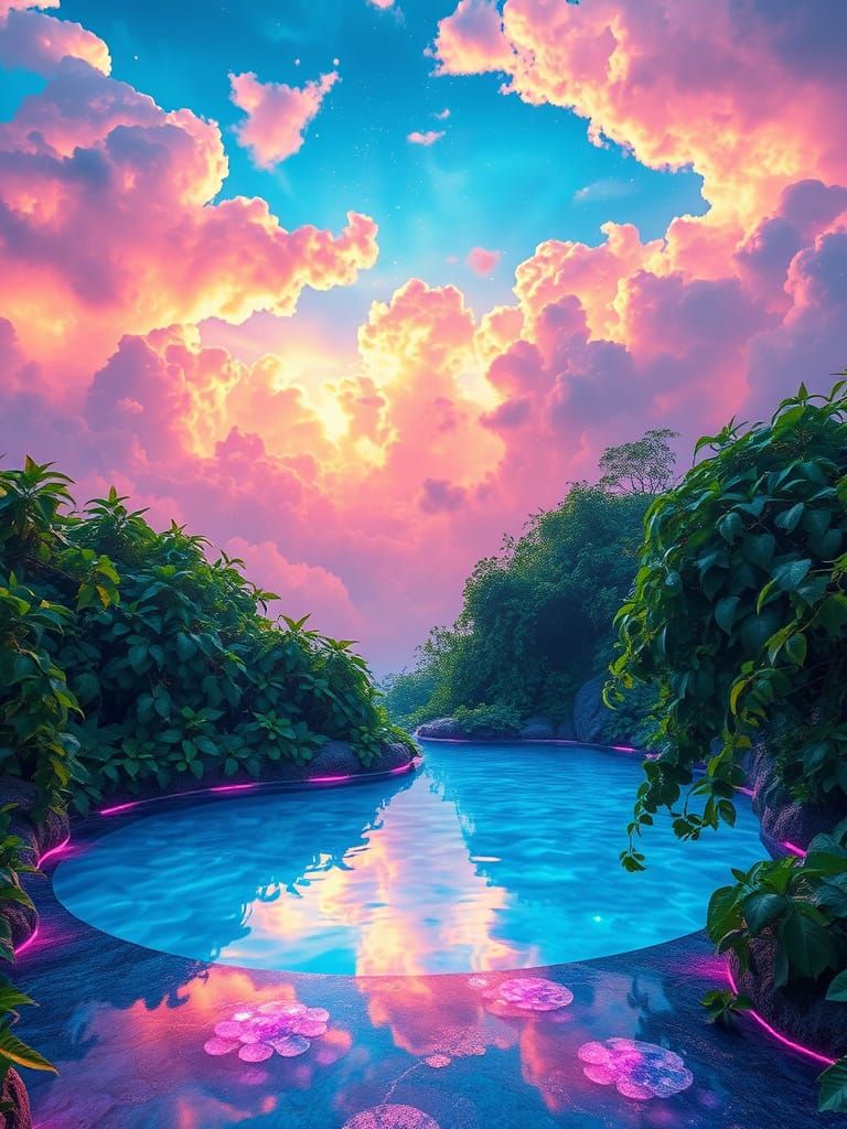 Surreal Iridescent Cloudscape Illuminates Crystal Pool