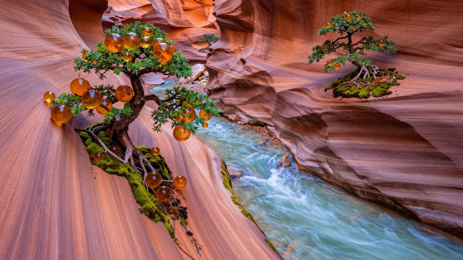 Moss-Covered Antelope Canyon with River and Bonsai Trees