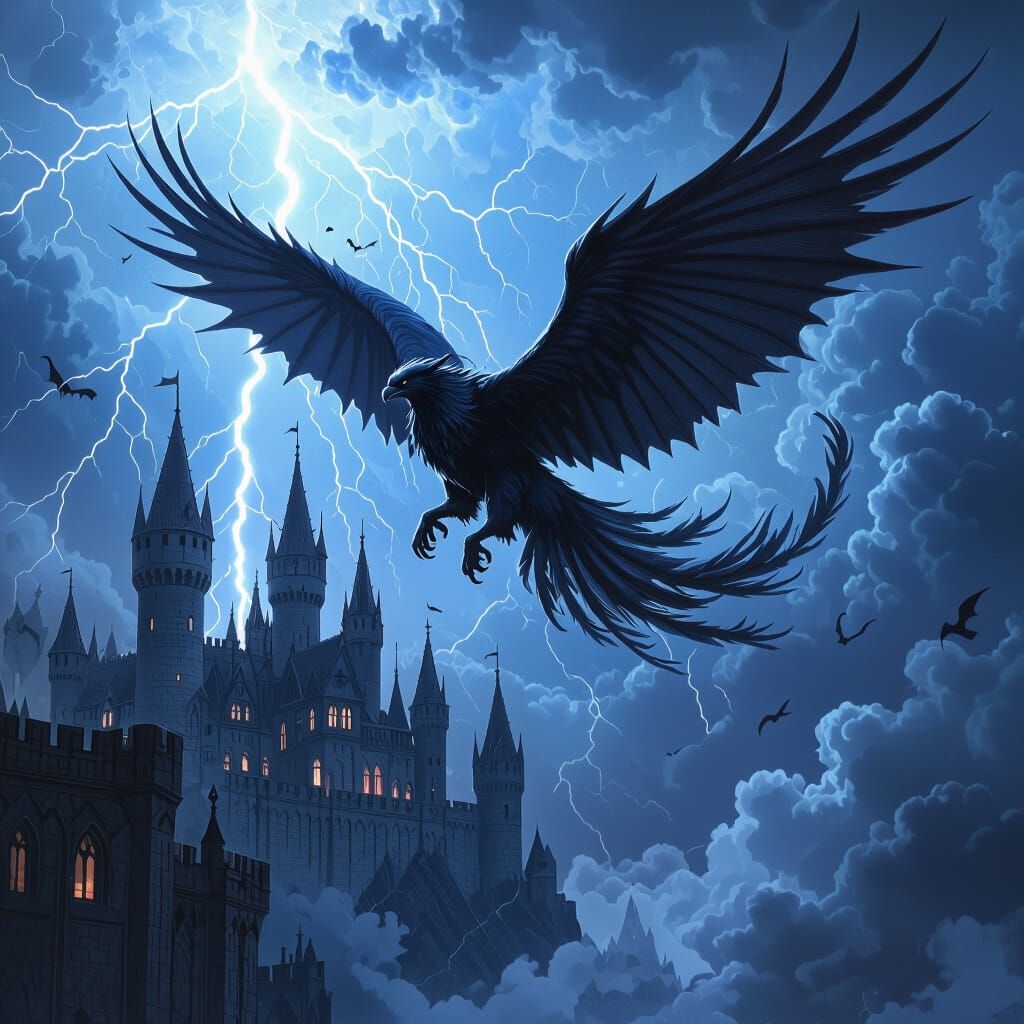 Griffin Soaring Over Gothic Castle in Dark Fantasy Art
