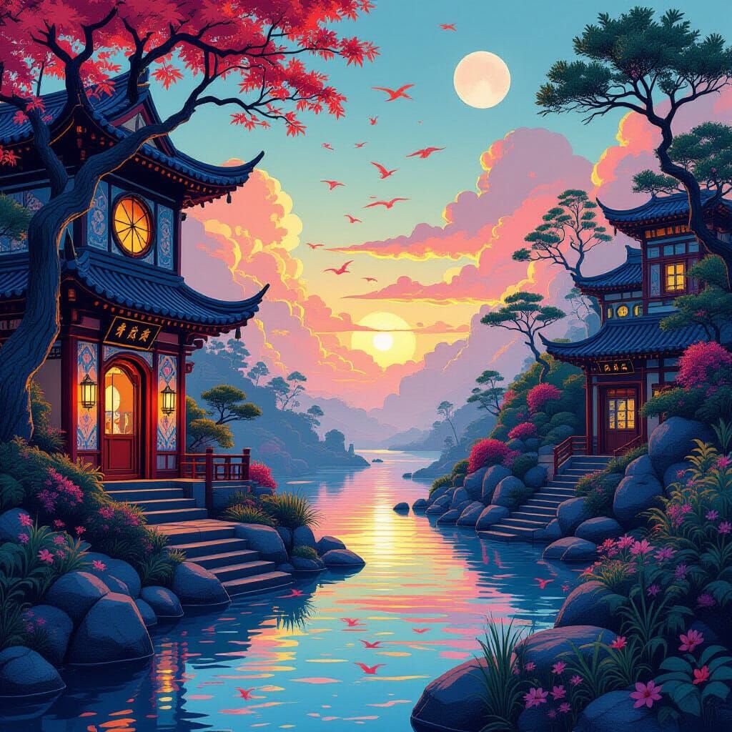 Dreamlike Scene with Vibrant Colors and Bold Shapes