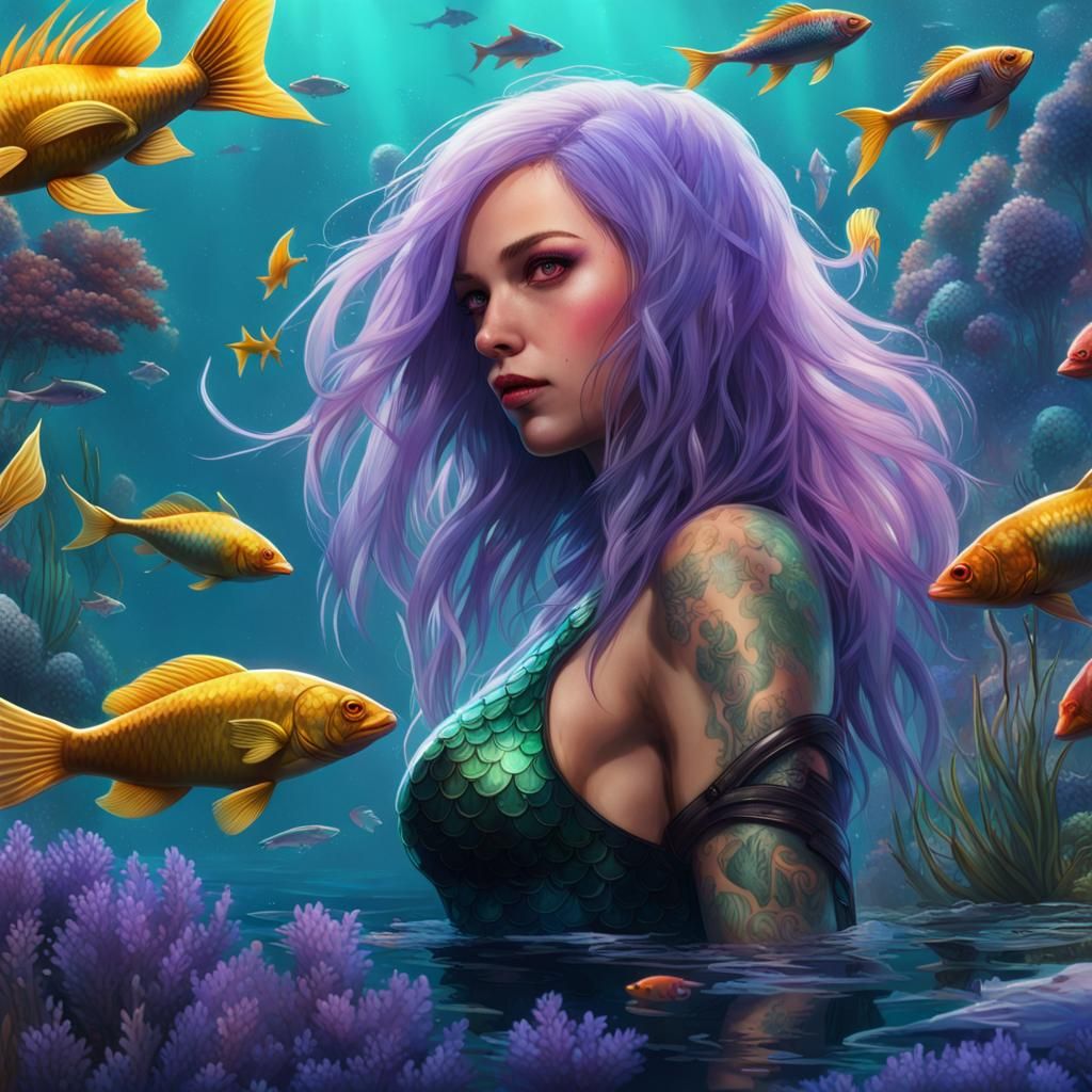 Cyberpunk Mermaid Swimming in Neon Reef