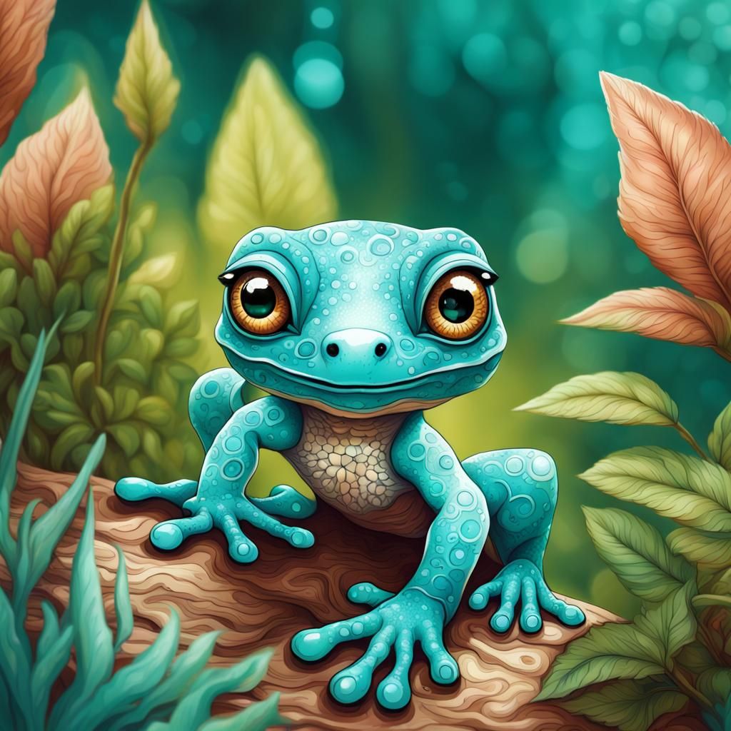 Turquoise Gecko with Big Eyes in Garden Illustration