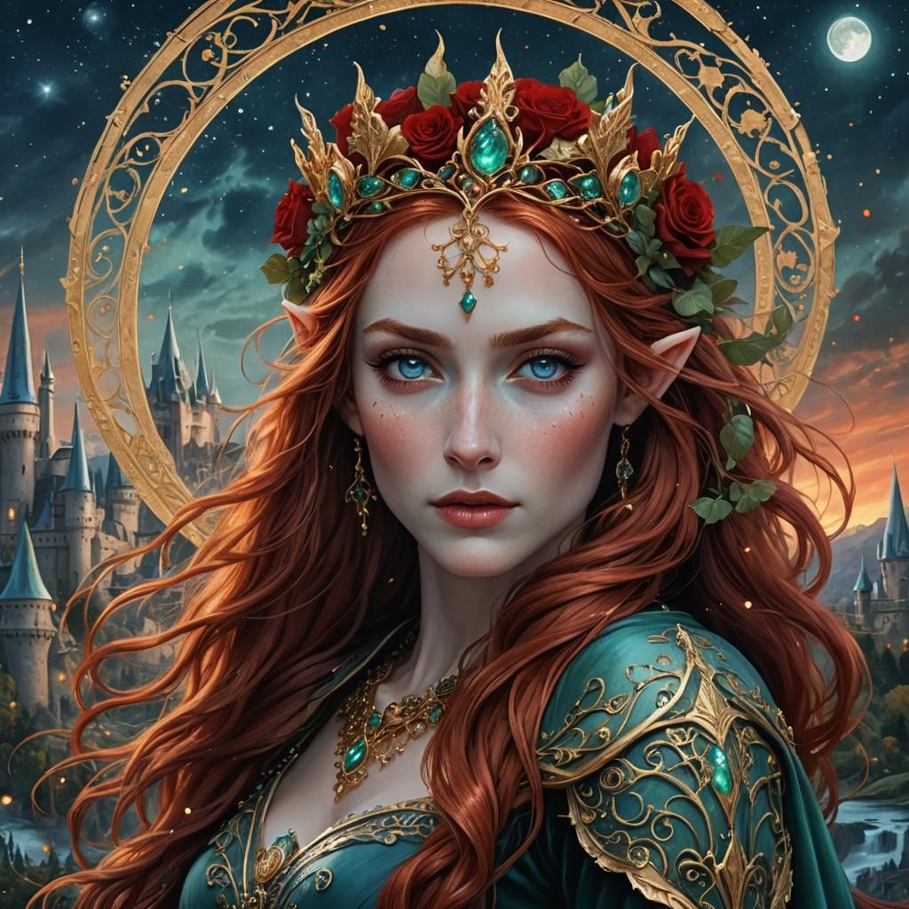 Elven Woman with Red Hair and Roses