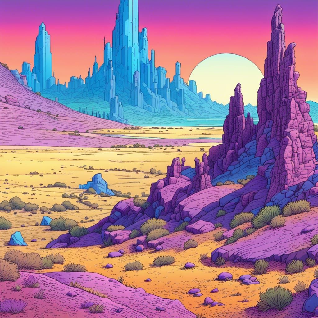 Crystal Spires in Ultraviolet Grassland, Moebius Style