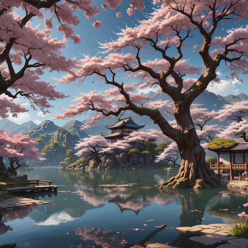 Sakura Tree by Lake: Anime-Inspired 3D Art