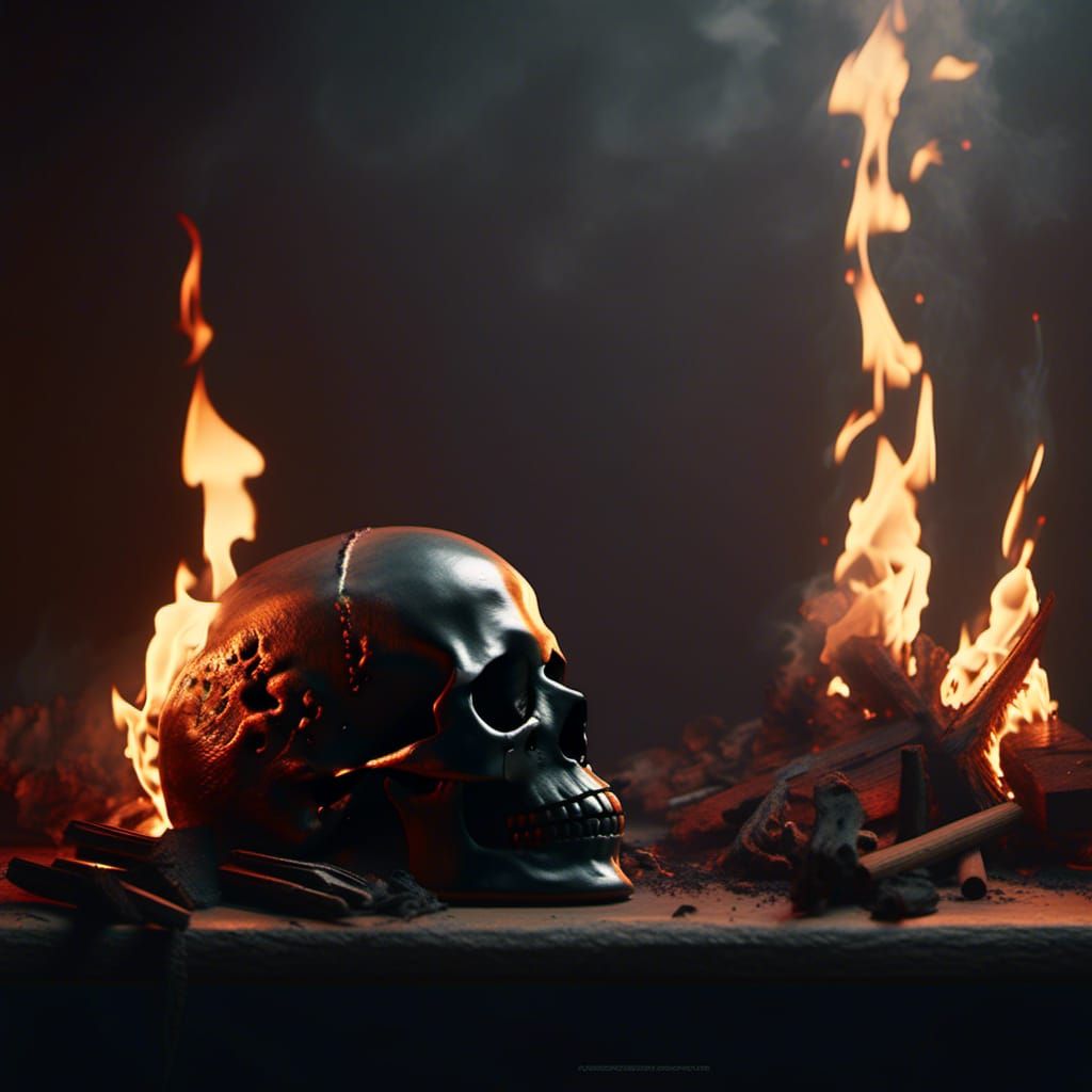 Burning Skull Still-Life with Shadow Devil